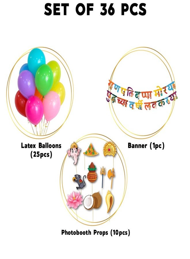 Festiko® Set of 36 Pcs Ganpati Bappa Morya Combo B (Banner, Balloons, Photobooth Props), Ganesh Chaturthi Decoration Combo - Image 2